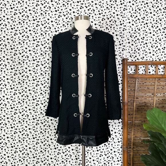 NEW Ming Wang | Black Faux Leather Trim Long Sleeve Knit Tunic Sweater Jacket XS - Picture 2 of 11
